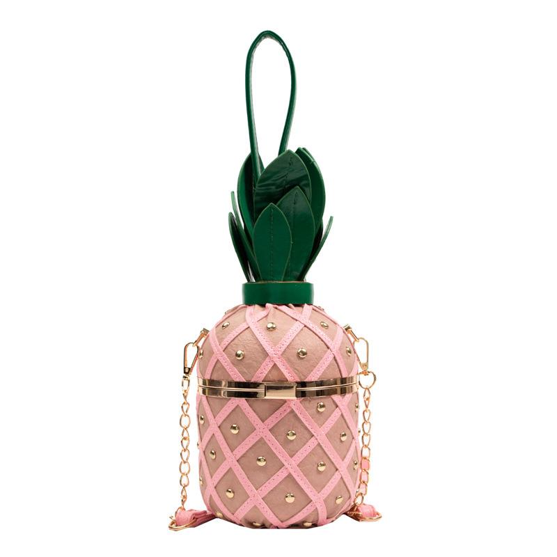 Neue Personalisierte Ananasform Damen Umhängetaschen Klein Frisch Teenager Mädchen Einzelne Schultertasche Ausländischer Geschmack Gewebt Nietenverschluss Kette Runde Tasche rosa
