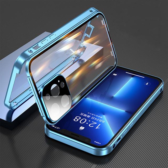 360 Rundumschutz Metall Magnetische doppelseitige Glashülle für IPhone 14 12 11 Pro 13 Max Plus Objektiv Kameraschutzabdeckung For iPhone11 blau