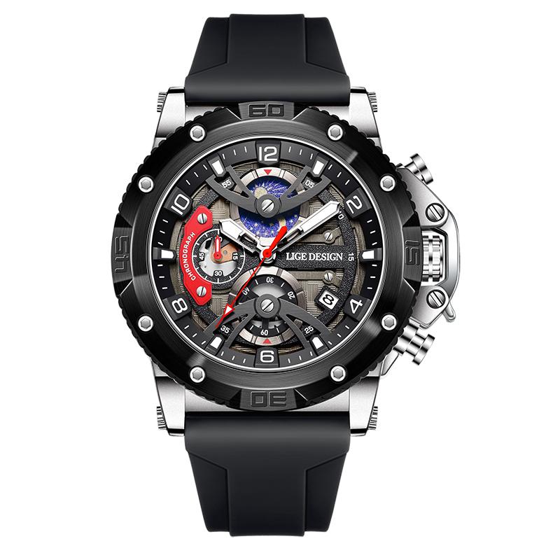 LIGE 2025 Neue Herrenuhr Mode Freizeit Silikon Quarz Uhr Leuchtend Wasserdicht Sport Herren Quarz Uhr silber/schwarz