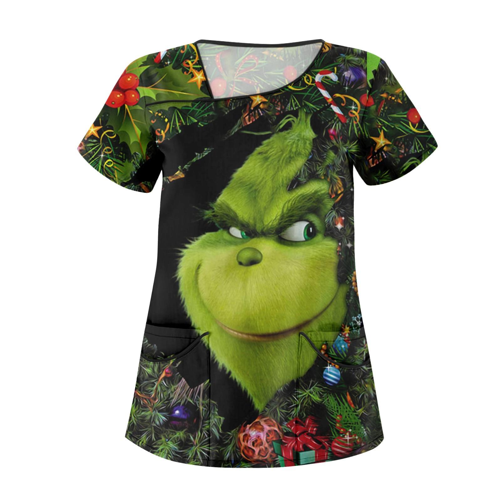 Lässige Kurzarm-Arbeitskleidung für Damen mit Weihnachts-Cartoon-Aufdruck und Doppeltaschen L