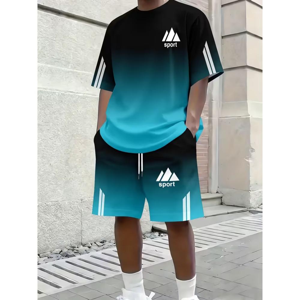 Herren T-Shirt Anzüge 2-teilige Outfits Shorts Kurzarm Rundhalsausschnitt Sommer Kokospalme Mode Lässig Urlaub Tägliche Kleidung S gray
