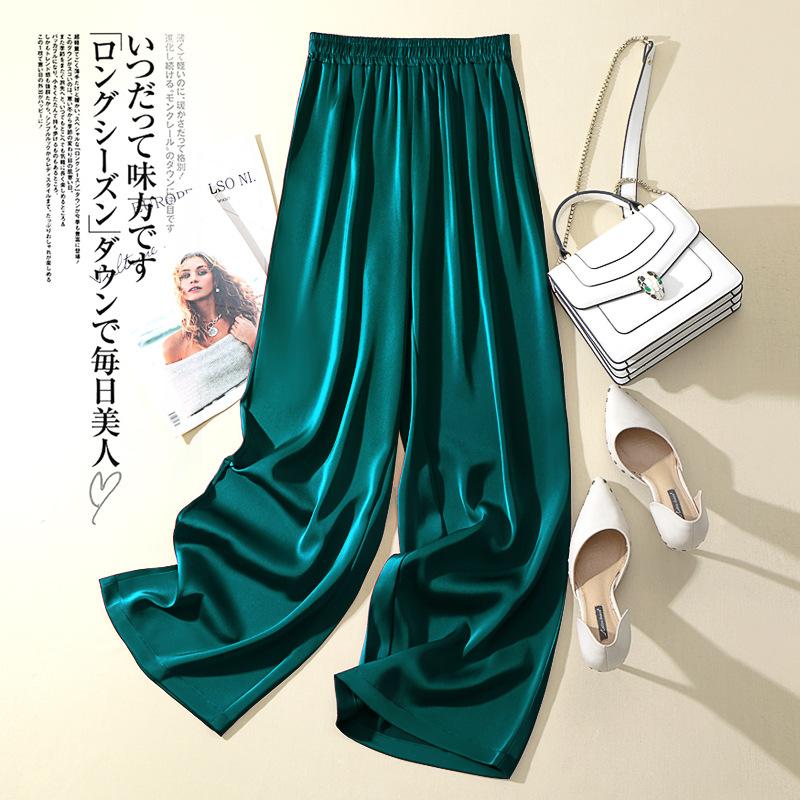 Eis Seide Weite Hosen Damen Sommer Elastischer Bund Satin Gerade Hosen Uni Lässig Locker Acetat Damen Hosen L dunkelgrüne