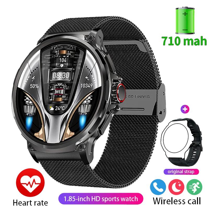 2024 Neue GPS-Track-Smartwatch in Militärqualität für Herren, 1,85 Zoll, Ultra HD, Bluetooth-Anruf, 710 mAh, Blutdruck, Blutsauerstoff, Smartwatch Silicone + mesh steel schwarz