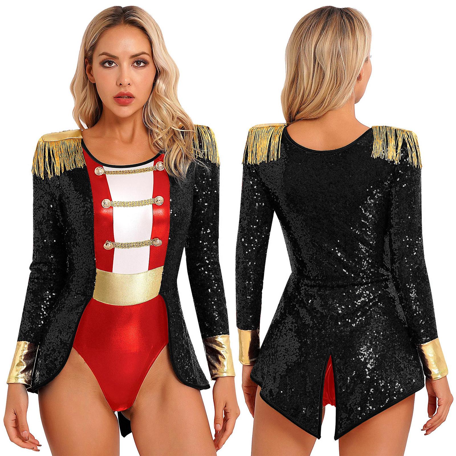 Zirkusringmeister-Outfit für Damen, Halloween, Cosplay, Body, langärmelig, Glitzer-Overall, Maskerade-Kostüme 3XL schwarz