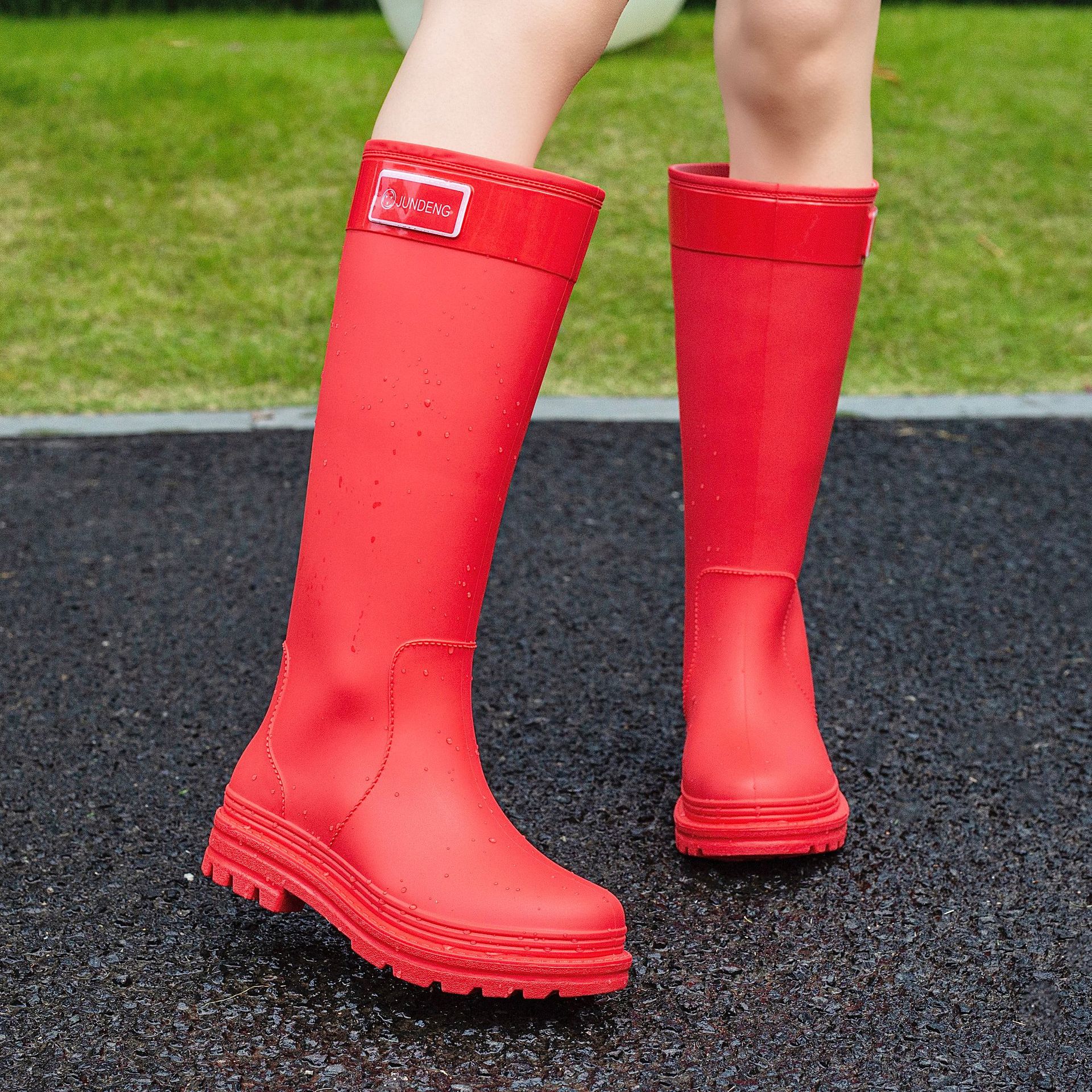 Dicke Regenstiefel Damen Regenstiefel Erwachsene Modische Outdoor-Bekleidung Wasserdicht Rutschfest Verschleißfest Lange Stiefel 35-36 rot