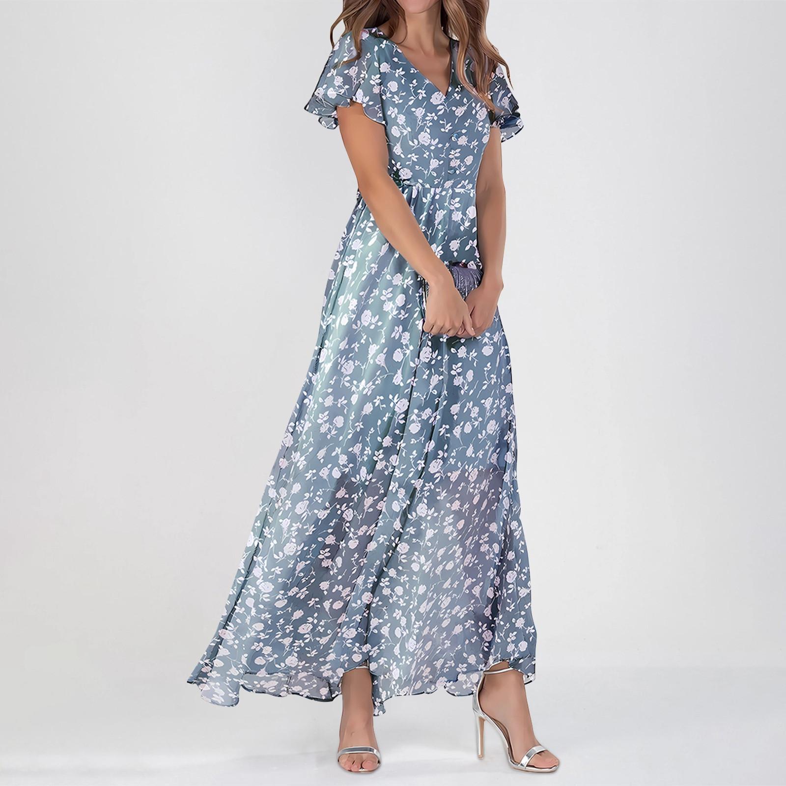 Sommerkleider für Damen, lässig, kurzärmelig, Maxikleider, süßes Blumenmuster, Maxikleider für Hochzeitsgäste, fließende Chiffonkleider L