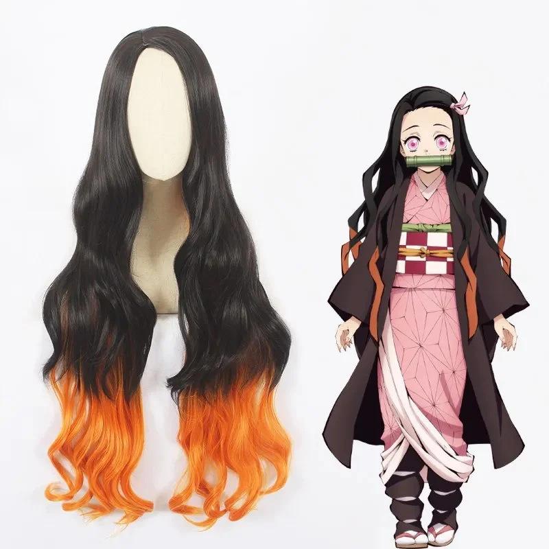 Dämonentöter Nezuko Kamado Cosplay Perücke, Schwarz-Orange Farbverlauf Hochtemperaturfaser Haarteil orange/schwarz