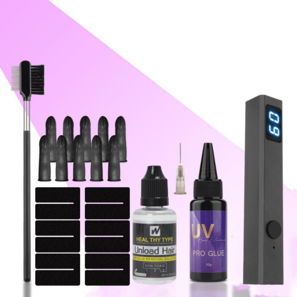 UV-Haarverlängerungsset – Komplettset mit UV-Lampe, Kleber, Entferner und Zubehör, superschneller Entferner mit unsichtbarer Verlängerung A set