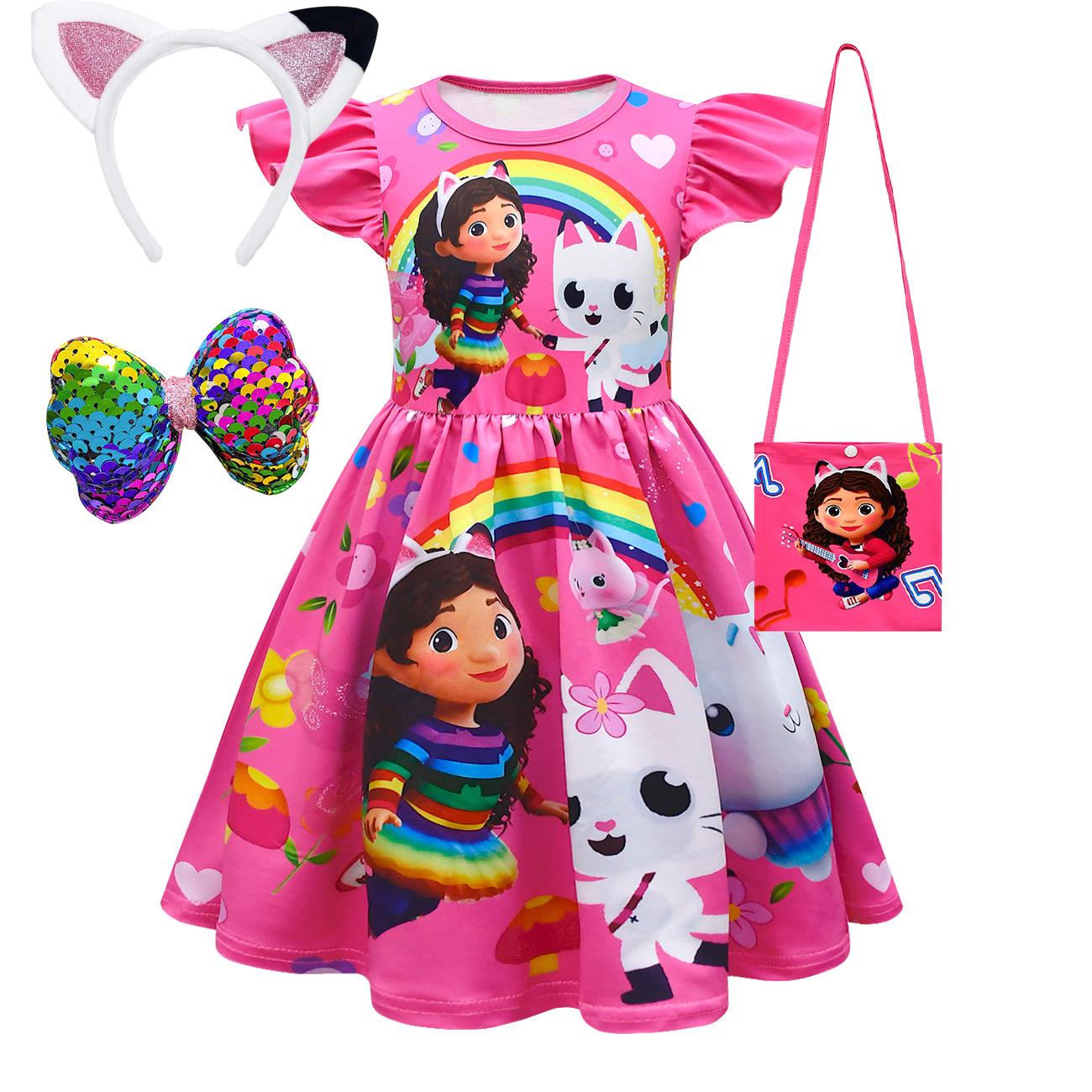 Mädchen Kleid Kurzarm Gabby's Puppenhaus Prinzessin Gabby Katze Netz Tüllrock Kindergeburtstag Cosplay Kleid Kostüm 120(5-6Years) pink