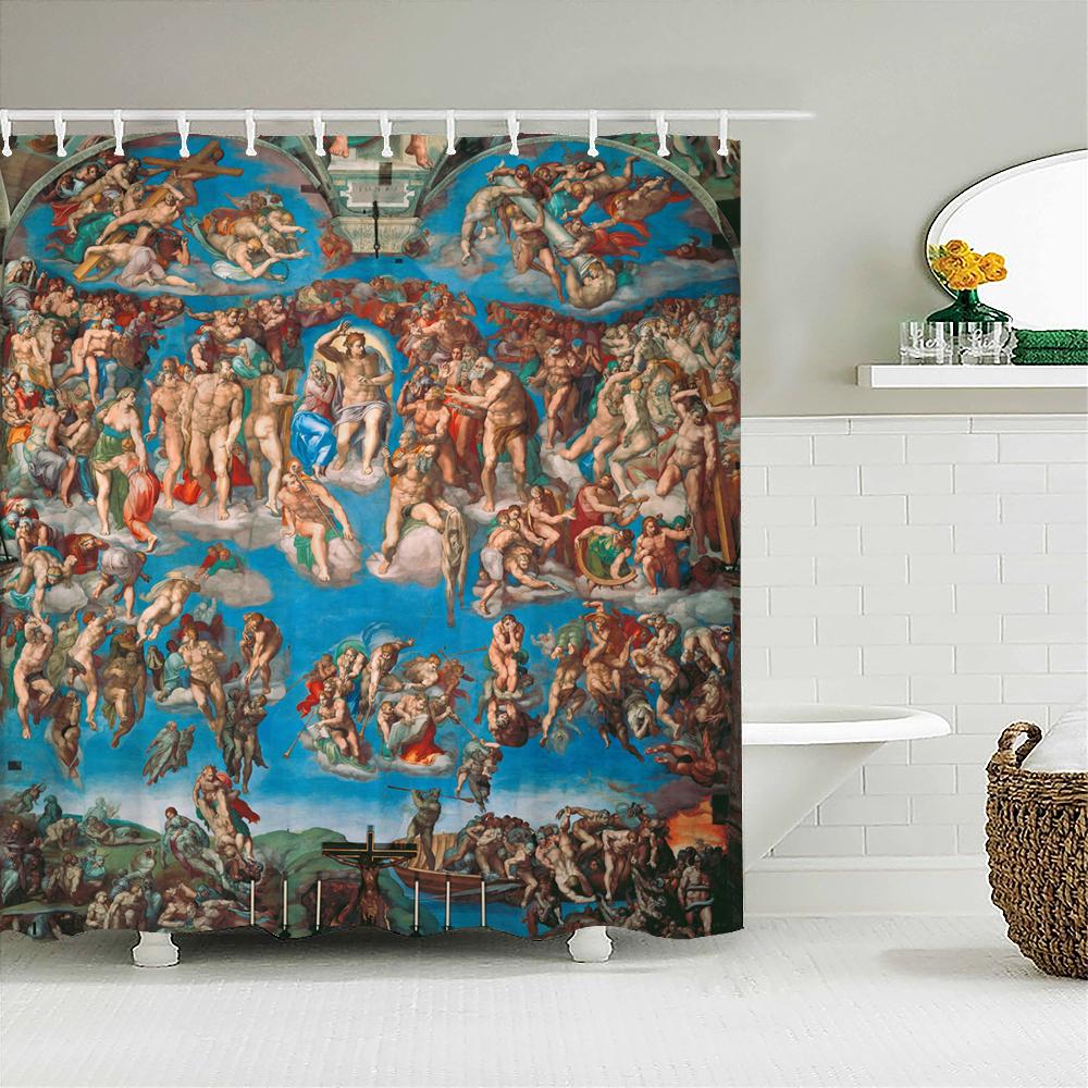 Der Garten der Lüste Duschvorhang für Badezimmer Kunst Badvorhang Engel Jesus Christus Gemälde Polyester Duschvorhang W210xH180cm
