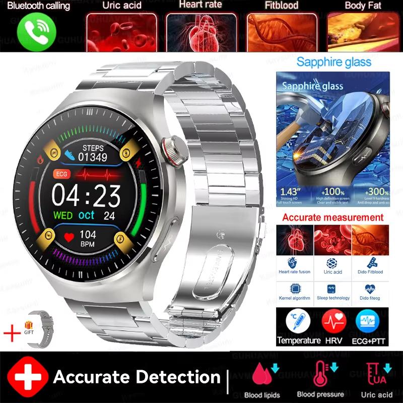 2025 Neue Genaue Blutfett Harnsäure Smartwatch Männer Frauen EKG+PPG Blutdruck Bluetooth Anruf Gesundheit Smartwatch silver-steel A