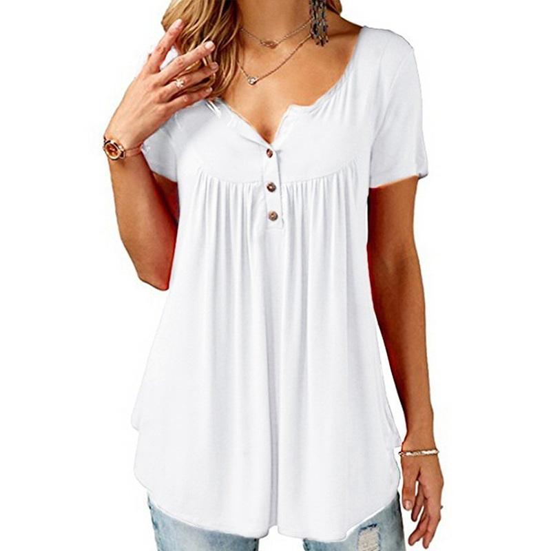 Frauen O Neck Button Lose Elastische Tops Damen Kurzarm Tunika Shirts Weibliche Casual Blusen XL weiß
