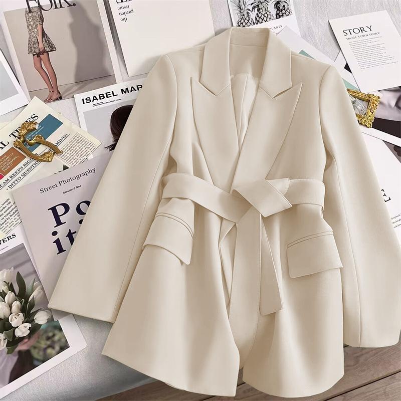 Blazer für Damen Frühling Herbst Schnürung Oberbekleidung Büro Dame Mode Blazer Lockere Passform Damenbekleidung Mäntel Damenjacke M elfenbein