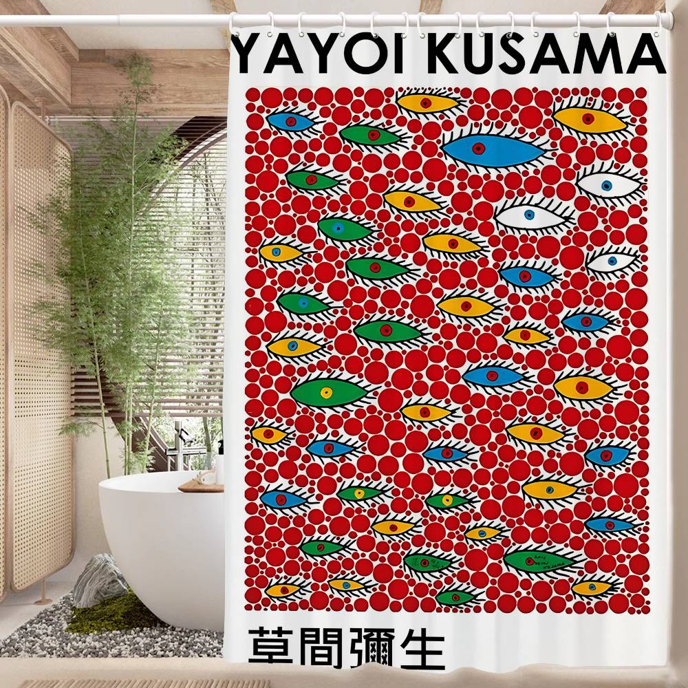 Yayoi Kusama Kunst Badezimmer Duschvorhang Abschirmende Trennwand Duschvorhang Schnelltrocknend Abwischbar Leicht Lichtundurchlässig Bad 90x180 cm red
