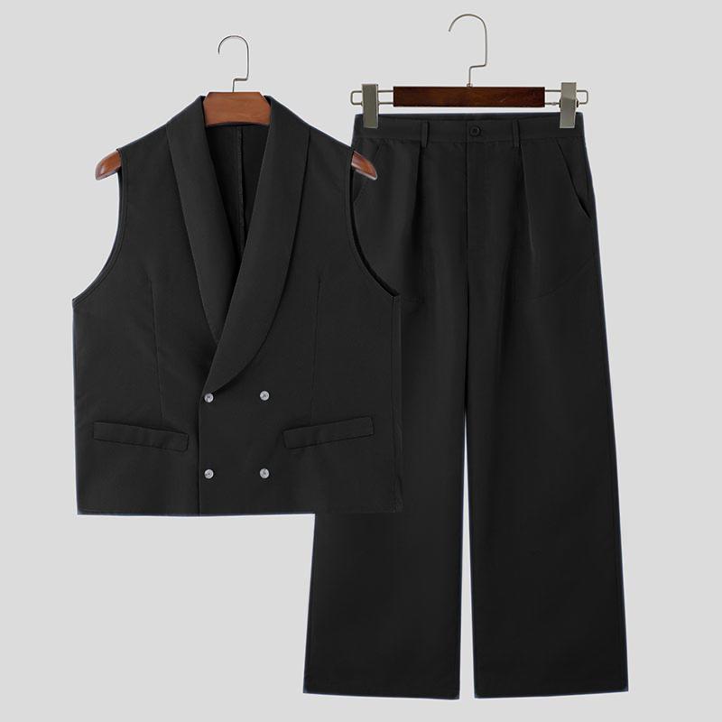 INCERUN Zweiteiliger Anzug Herren V-Ausschnitt Ärmellose Weste Weste Lange Anzug Hosen Lässige Outfits Sets 2XL schwarz