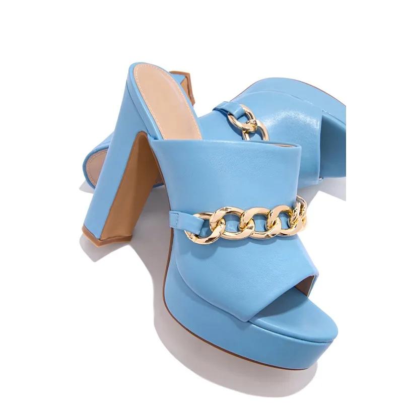 Schuhe Damen Moderne Damen Hausschuhe Plateau Kleiderhausschuhe Damen Kette Runde Zehe Hoher Blockabsatz Übergröße Damen Sandale 37 himmelblaue