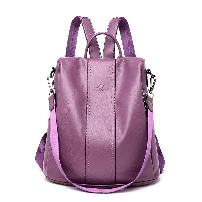 Diebstahlsicherer Lederrucksack für Damen, Vintage-Umhängetasche, Damen-Reiserucksack mit hoher Kapazität, Schultaschen für Mädchen violett