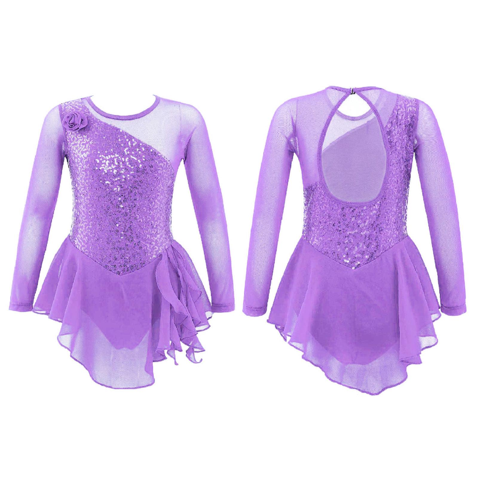 Eiskunstlaufkleid für Kinder, Eislauf-Wettkampfkleidung, Mädchen-Ballett-Tanz-Gymnastik-Kleider 9-10 Years licht lila