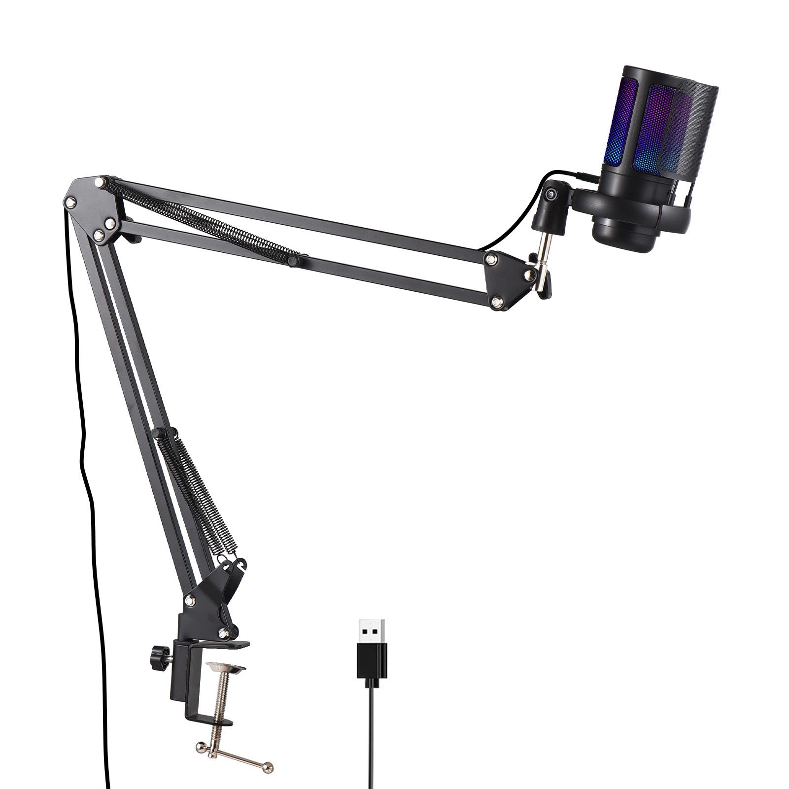 Gaming-Mikrofon, USB-Mikrofon-Set für PC, Kondensator-Mikrofon, Verstärkungsregelung, farbenfrohe Atmosphärenbeleuchtung schwarz