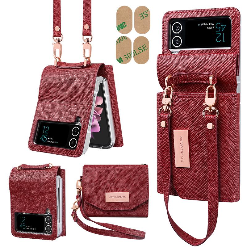 Vietao-Fashion Leder Geldbörse Armband Handschlaufe Handyhülle Für Samsung Galaxy Z Flip 6 Flip 5 Flip 4 Flip 3 Hülle, Rot For Samsung Z Flip 4 brown