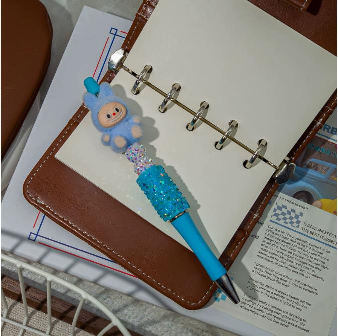 1 Stück Beflockung Labubu Kawaii Perlenband Stifte Niedlicher Cartoon Kugelschreiber Schüler Schreibwaren Bürobedarf Geschenke blau