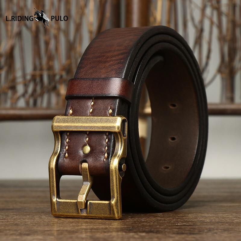 Rein handgefertigter Gürtel aus echtem Leder, verdicktes Rindsleder, Herrenmode, Retro, vielseitig, echtes Leder 120cm kaffeebraun