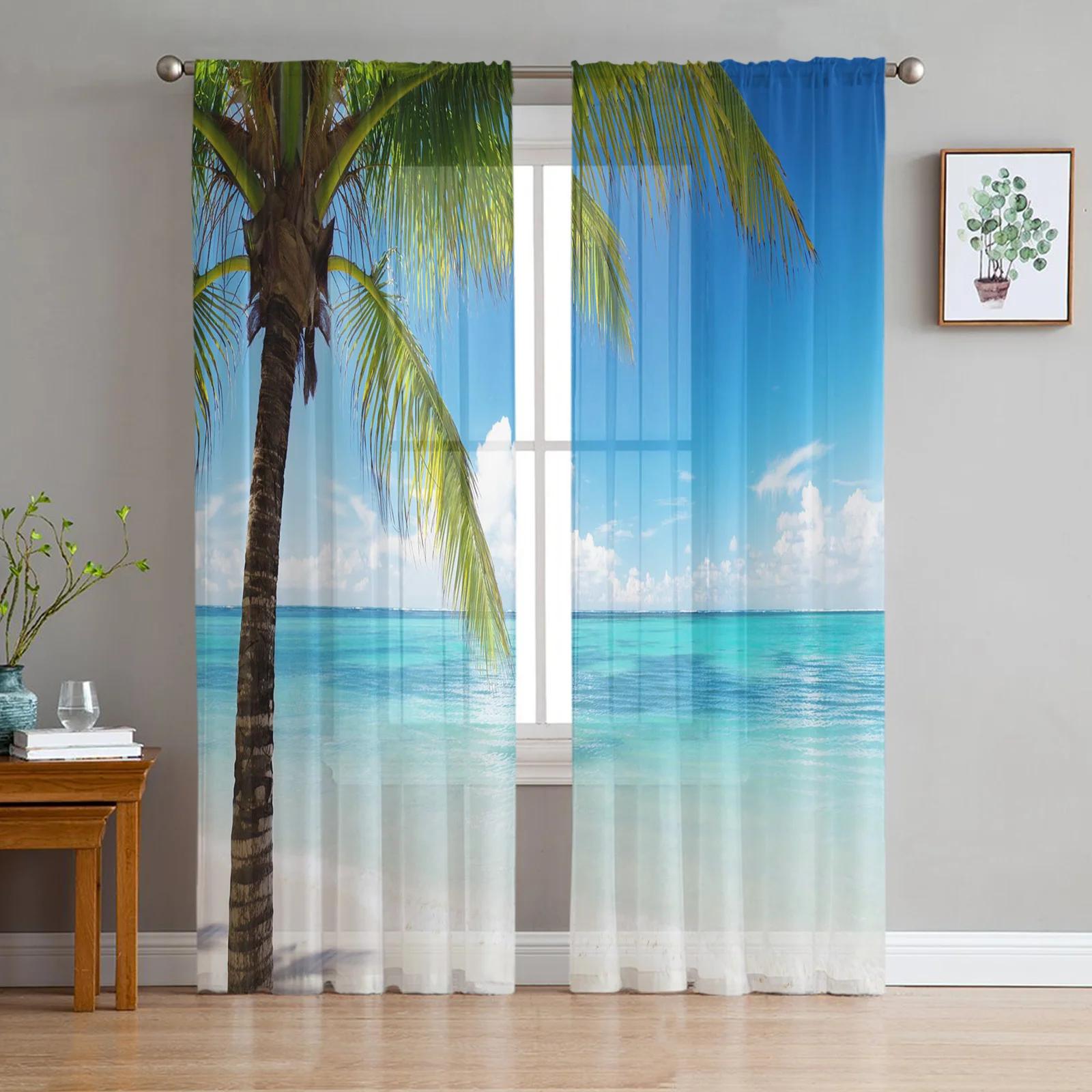 Sommer-Strand-Palmen, transparente Vorhänge für Schlafzimmer, Wohnzimmer, Dekoration, Fenstervorhang für Küche, Tüll, Voile, Organza-Vorhänge W135 x H115cm x1&Grommet Top