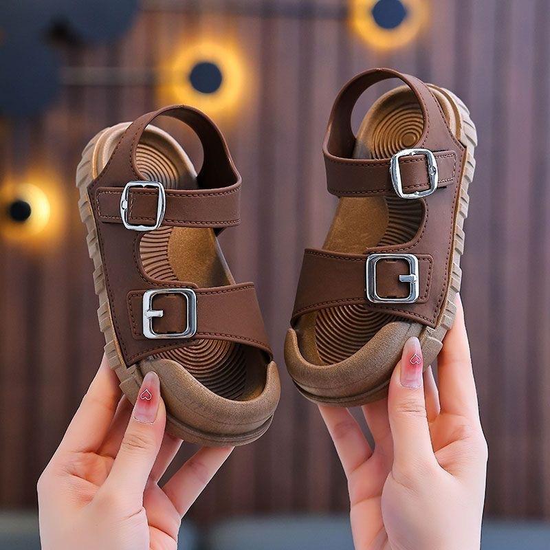Sommer Neue Kinder Sandalen Fashion College Style Jungen Mädchen Weichen Boden Sandalen Einfache Feste Farbe Kinder Anti Kick Sandalen 23-24 khaki