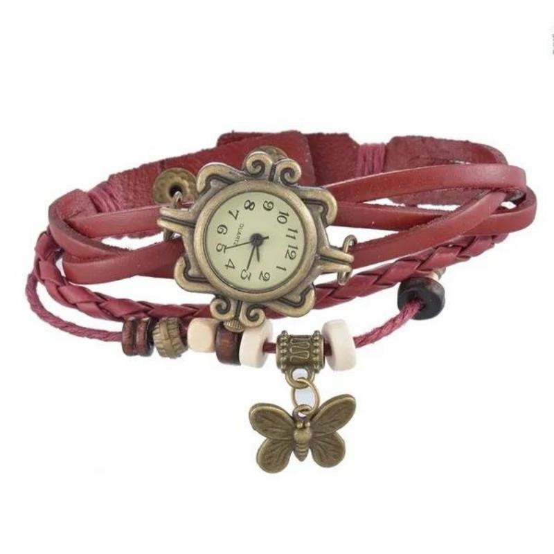 Damenmode Vintage Butterfly Drop Lederarmbanduhr Wickeluhr rot