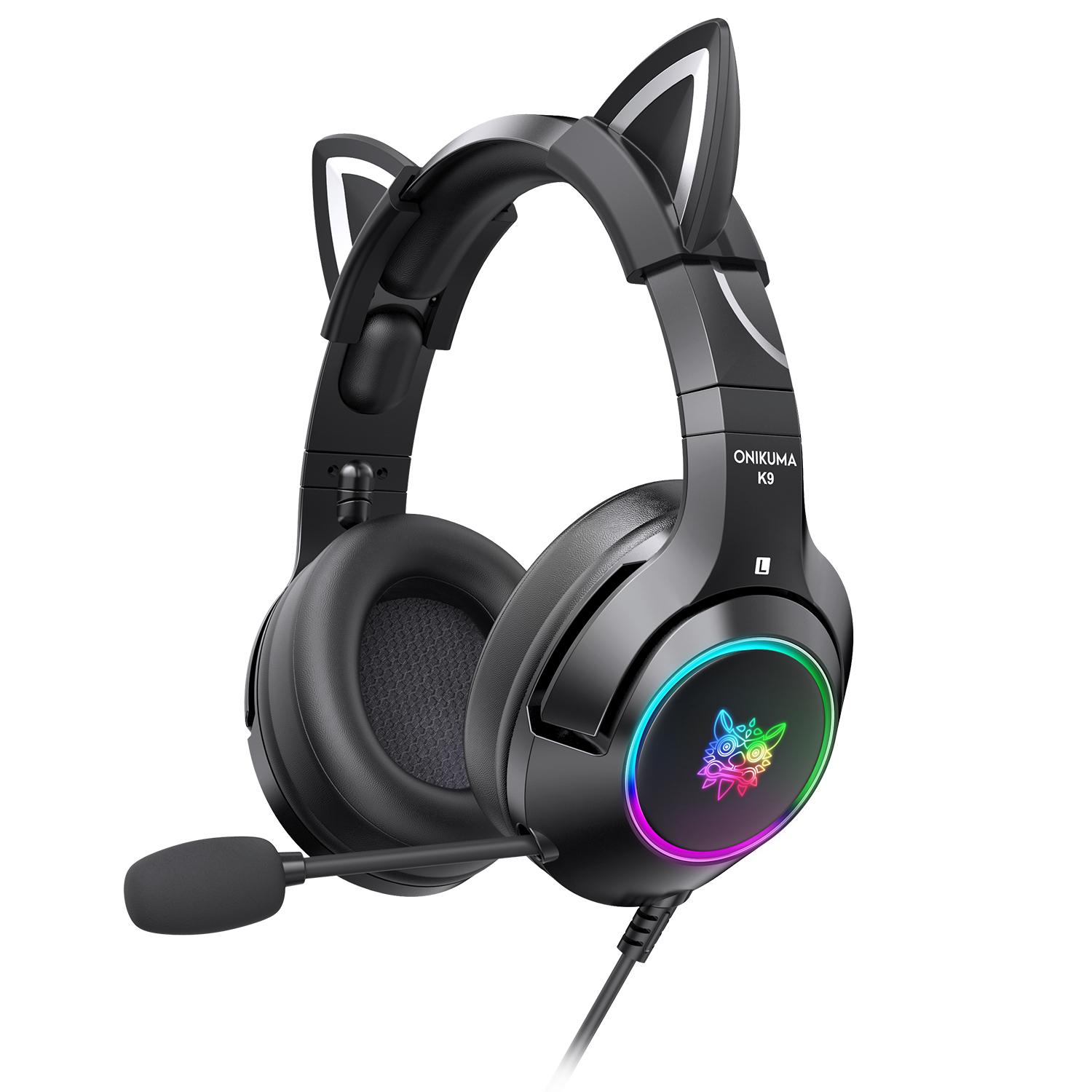 K9 Gaming-Headset, kabelgebundener Over-Ear-Kopfhörer mit abnehmbaren Katzenohren, Mikrofon mit Geräuschunterdrückung, RGB-Hintergrundbeleuchtung, Surround-Sound für PC PS5 PS5 Xbox 18.5*9.5*19.5cm schwarz