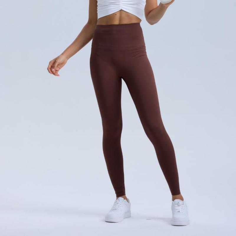 Damen Kompressions-Leggings, Yoga-Hose, hüftnahtlos, hohe Taille, Bauch-Stretch-Shaping-Hose, lässige Sport-Fitnesshose M&L braun