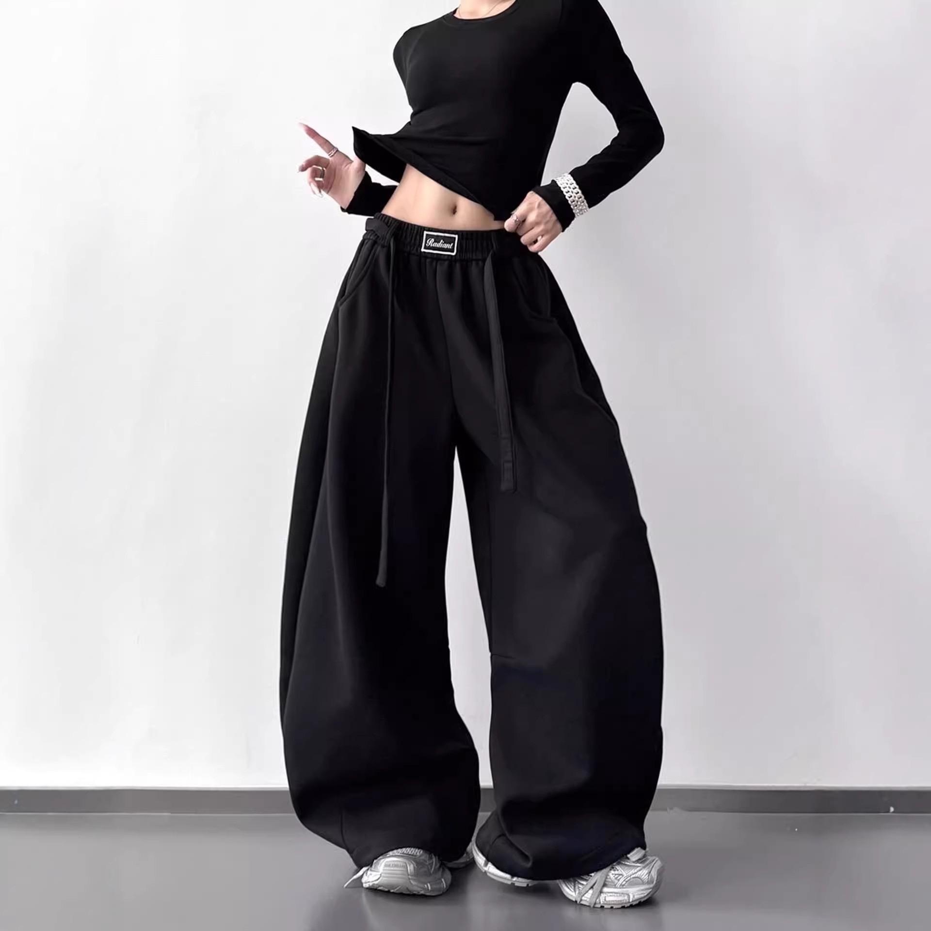 Unisex Retro Weite Beine Elastischer Bund Bodenlang Fließende Jogginghosen M schwarz