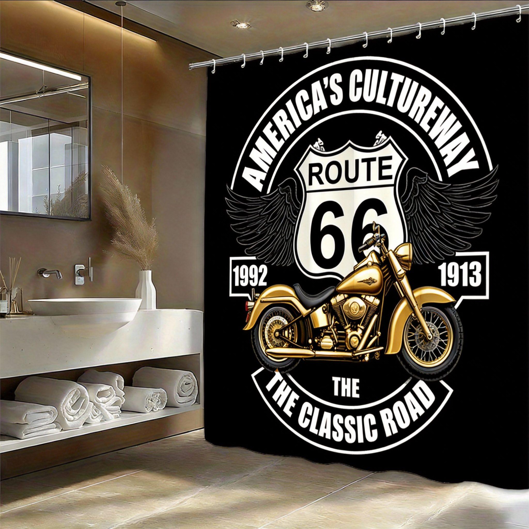Route 66 Motorrad Duschvorhang Retro Amerikanisches Highway Design Mit Chrom Motorrad Und Flügeln Duschvorhang Mit Haken 230x180cm(90x70in)