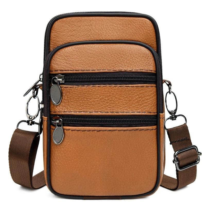 Echte Leder Crossbody Handytasche für Herren, Kleine Schultertasche mit Doppelreißverschluss und Mehreren Reißverschlusstaschen für den Täglichen Gebrauch hellbraune