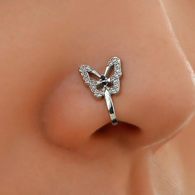 1 STÜCK Süßer Schmetterling Fake Piercing Nasenring Schmetterling Nicht Piercing Clip am Nasenring Ohrclips Manschette Körperschmuck silber