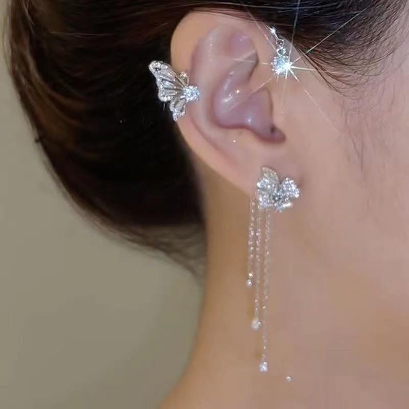 1 Stück Elegante Diamant Stern & Blatt Quaste Ohrklemme Ohrring, Vielseitiges Schmuckgeschenk für Frauen, Alltagskleidung Ear Hook Right Ear&one-size silber