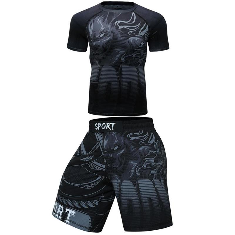 jiu jitsu Rashguard Herren T-Shirts Hosen mma Shorts bjj Boxen Kickboxen Trikots Rashguard Fitnessstudio Kleidung mma Boxen T-Shirt Set 2XL