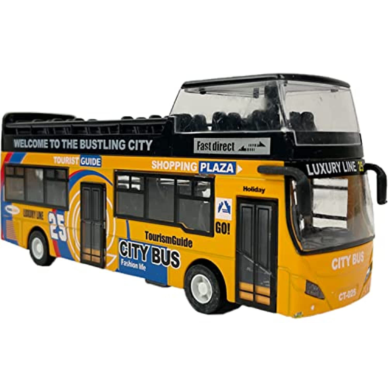 1:Maßstab 32: Druckguss-Sightseeing-Tourbus, Spielzeug-Rückziehfahrzeuge, Mini-Doppeldecker-Touristen-Bus mit offenem Oberdeck, Modellauto mit Lichtern und Musik 1/32-18x7.5x4.5cm gelb