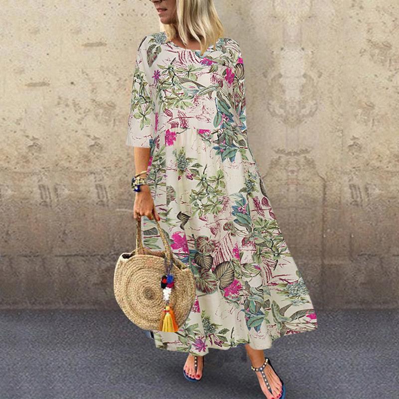 ZANZEA Vintage Plus Size Damen 3/4-Ärmel Blumendruck Lässige Tunika Lange Kleider S rot