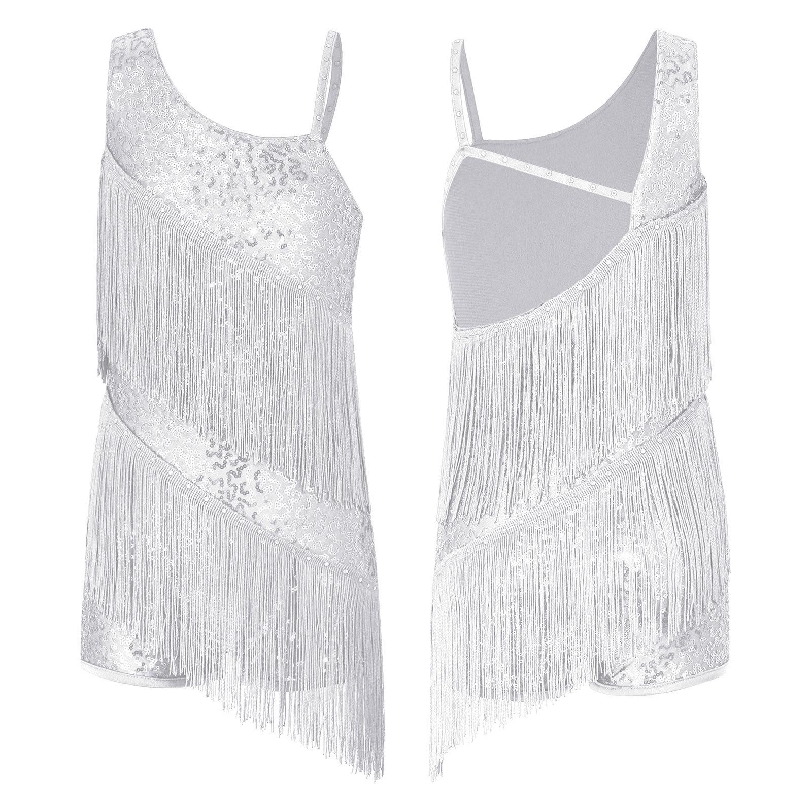 Kinder Tanzen Wettbewerb Party Tragen Mädchen Pailletten Ballsaal Kostüme Quaste Latin Jazz Dance Performance Kleid 5-6 Years weiß