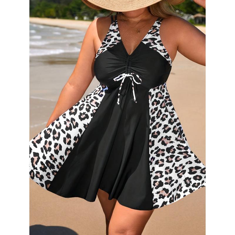 Sexy Tankini-Set für Damen, Übergröße, Leopardenmuster, V-Ausschnitt, Schnürung vorne, Oberteil mit Rock und hoch geschnittenem Höschen, 2-teiliges Badeanzug-Set 4XL(20) gray