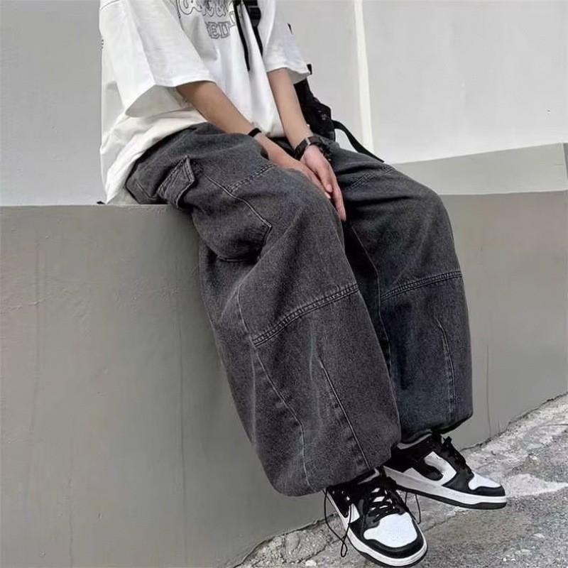 Herren Frühling und Herbst Lässige Hip-Hop Arbeitshose Teenager Mittelhochbund Weit Retro Jeans XS schwarz