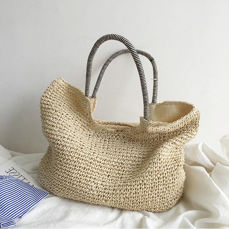 Yogodlns Sommer Neue Stroh Strand Taschen Für Frauen Gewebte Handgemachte Schulter Taschen Urlaub Am Meer Taschen Lässige Rattan Stroh Einkaufstasche 45*3*41cm beige