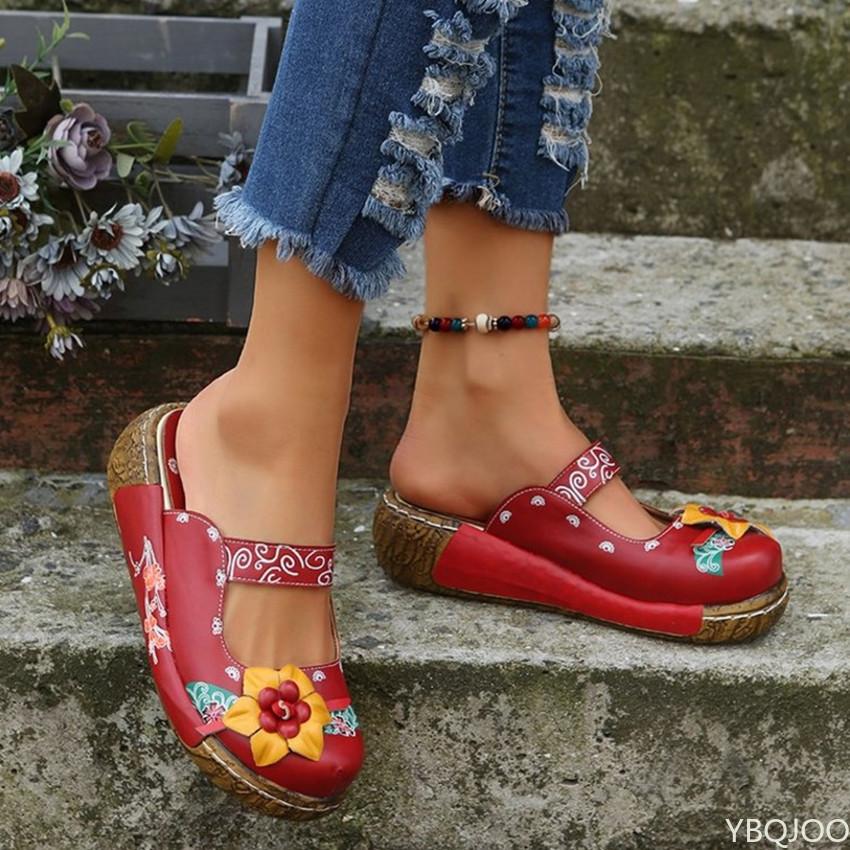 Damen Sommerschuhe Neue Komfort Römische Plateausandalen Damen Blume Rutschfeste Plus Size Baotou Wedge Damen Hausschuhe 39 rot