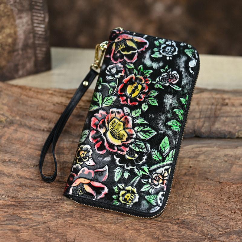 Vintage-Design Blumen Prägung Handtaschen für Frauen echtes Leder lange Geldbörsen Mode Damen Reißverschluss Geldbörse Kartenhalter GZW 20cm*10.5cm*2cm rot