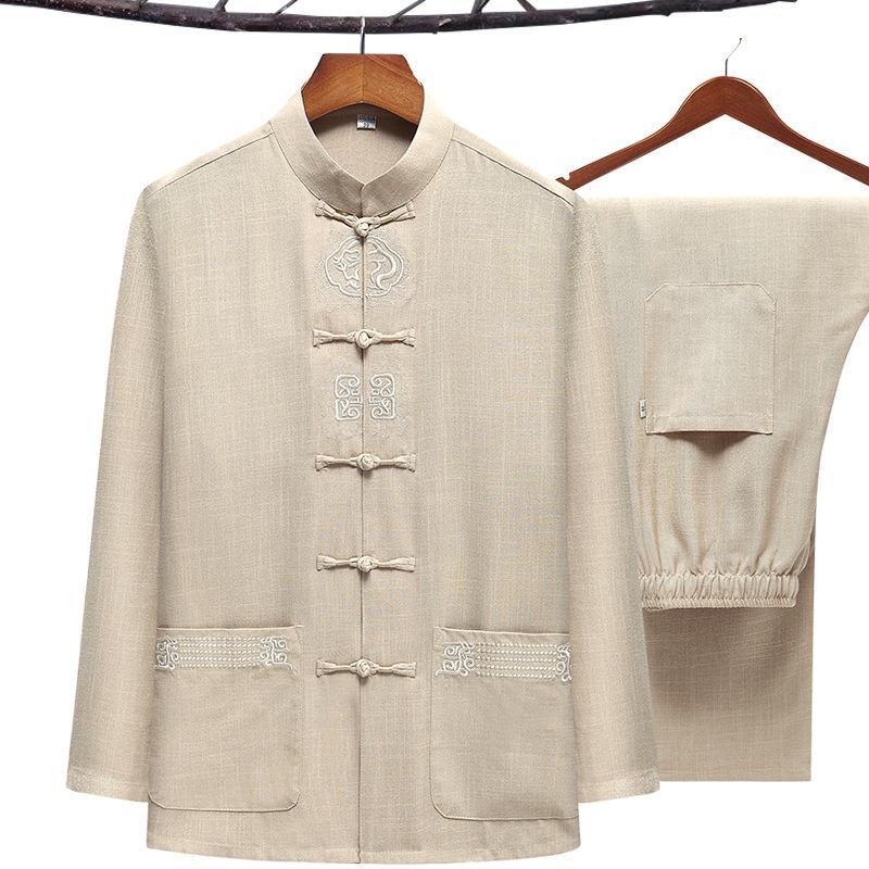 Übergröße Herren Kung Fu Anzug Stickerei Tang-Anzug Frühling Herbst 2-tlg. Hemd & Hose Traditionelle chinesische Tai Chi Kleidung 3XL 4XL 5XL 5XL beige