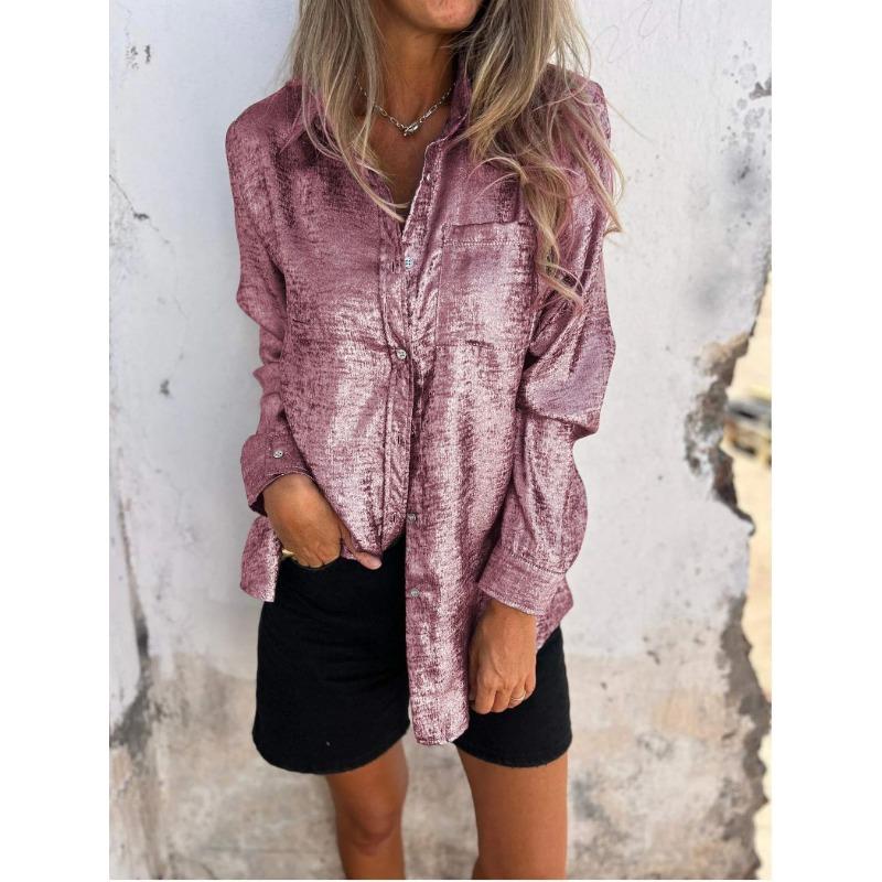 Damen Blusen Mode Einfarbig Langarm Casual Samt Kragen Hemd Top Herbst Blusen & Hemden 2XL rosa