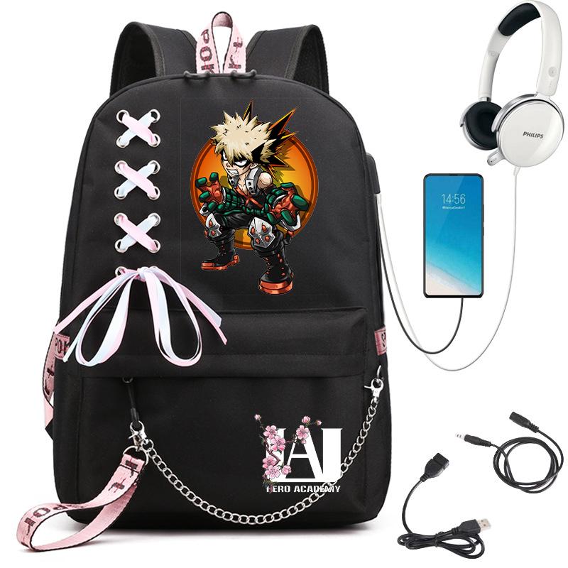 My Hero Academia Anime Damen Rucksack USB-Anschluss Damen Reise Rucksack Umhängetasche Katsuki Bakugo Anime Trend Laptop Rucksack