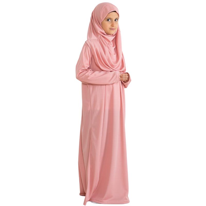 Gebetskleid für Kinder, muslimische Kleidung für Mädchen, langärmelig, Abaya mit Hijab, zweiteiliges Maxi-Islamisches Set, Schal, Kaftan, Jilbab baby rosa