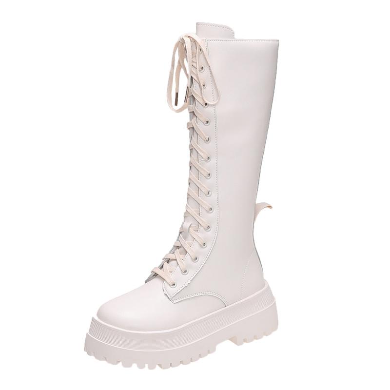 Chunky Plattform Punk Stiefel Frauen Dicke Unterseite Kniehohe Stiefel Frau Herbst Winter Mode PU Leder Motorrad Botas Mujer 35 beige